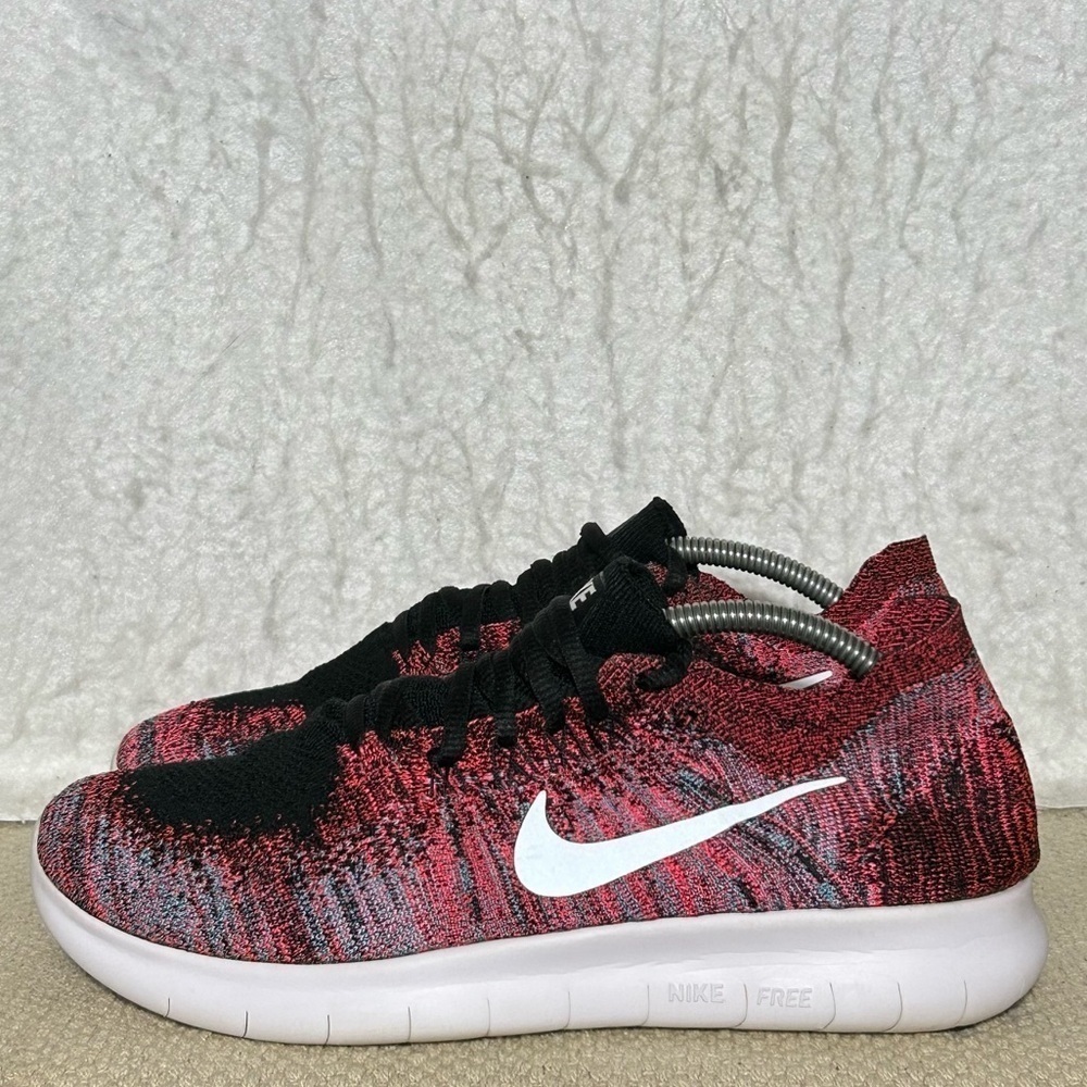 Nike Free RN Flyknit Womens Red Black Knit Running Sneakers Shoes Size US 8.5 - Picture 2 of 11